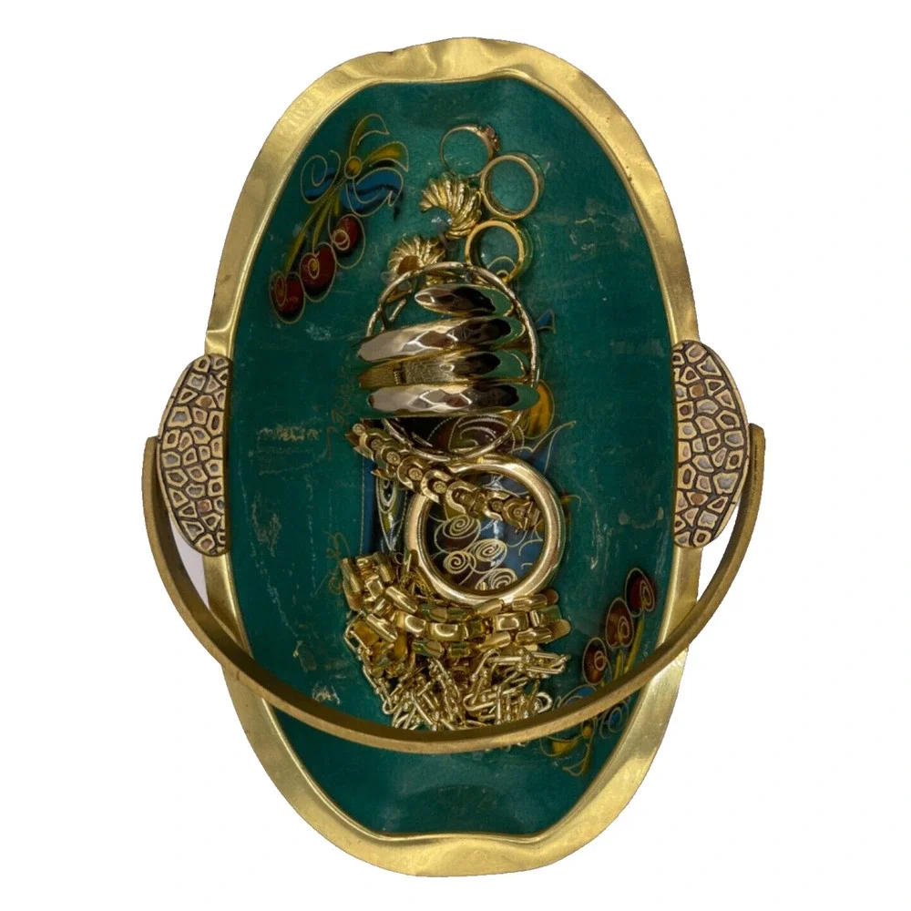Vintage 1960s Brass Turquoise Enamel Basket With Handle Signed Made in Israel